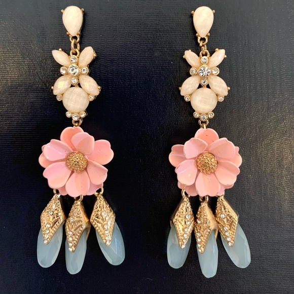 Pink Enamel Flower rhinestone Dangle Earrings chandelier 3” Tole Metal Flowers - Picture 10 of 10